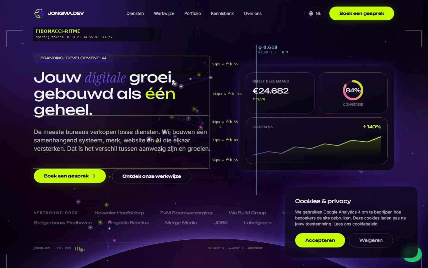 jongma.dev homepage hero with thin lines marking the Fibonacci rhythm and golden-ratio column split